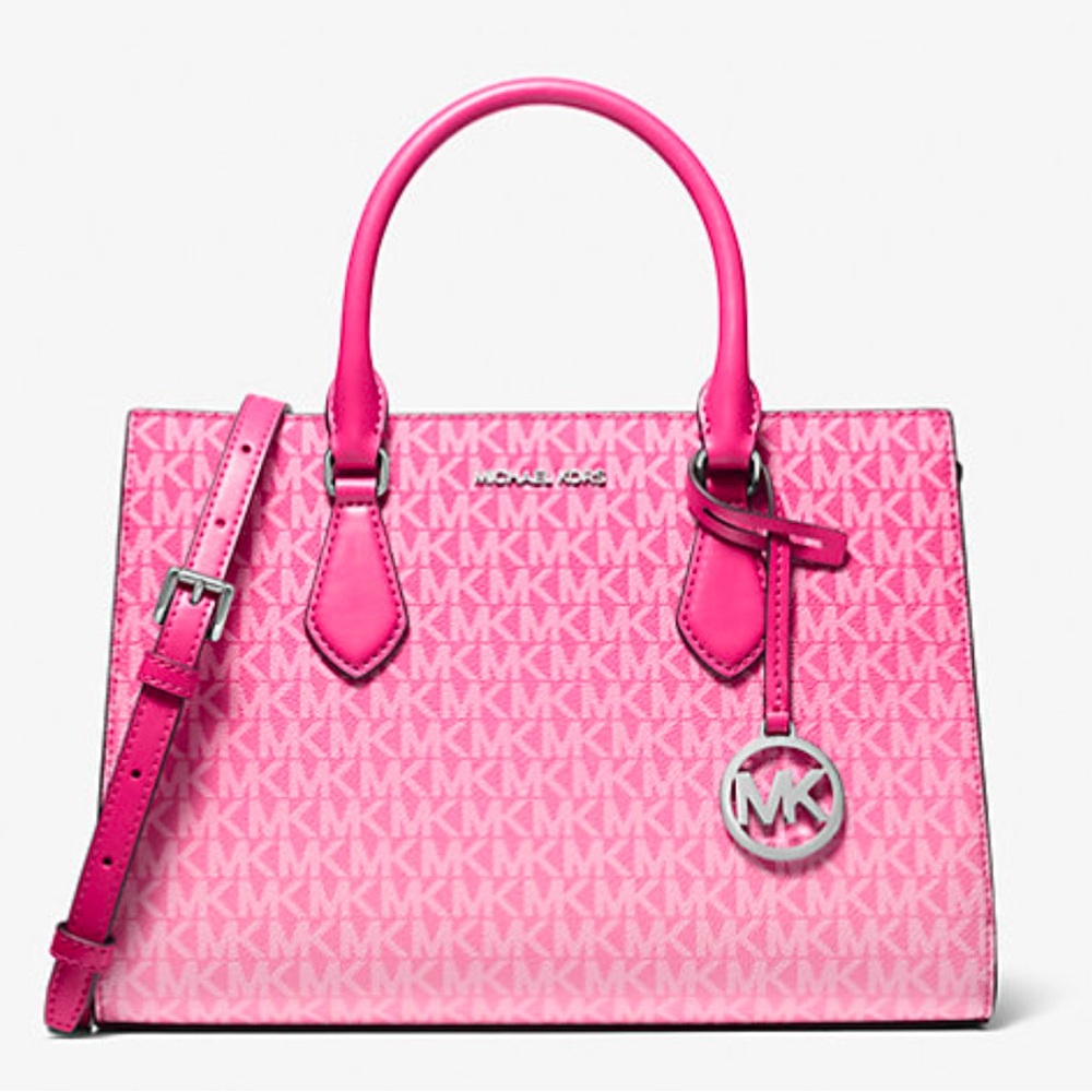 Michael Kors Pink Satchel with Monogram Pattern and Structured Shape